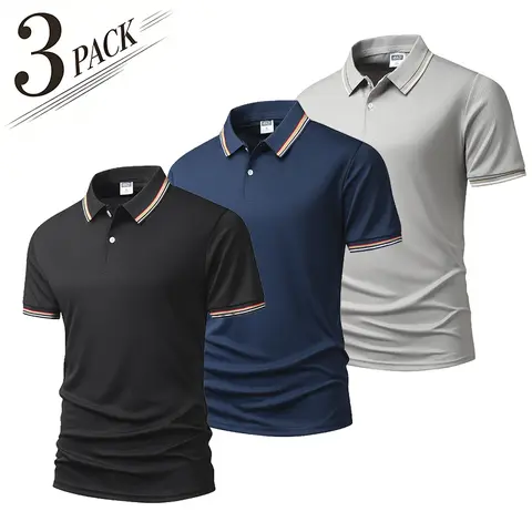 3-Pack Men’s Color-Block Polo Shirts, Breathable Short Sleeve Turn-Down Collar Tops for Golf & Casual Business Wear