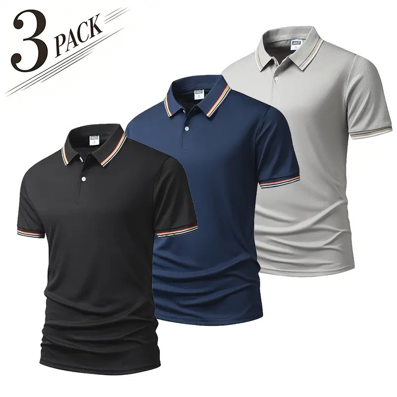 3-Pack Men’s Color-Block Polo Shirts, Breathable Short Sleeve Turn-Down Collar Tops for Golf & Casual Business Wear