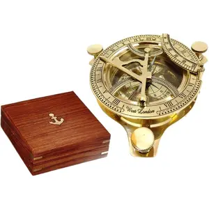 Solid Brass 4" Sundial Compass with Wooden Box Rustic Vintage Home Decor Gifts