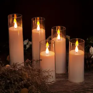 New Pure White Flameless Candles Battery Operated Candles Flickering LED Pillar Candles with Remote Control and Timer 3D Wick Yellow and Blue Glow Set of 5