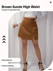 Vintage Suede High-Waisted Short Skirt, Casual Plain Design, All-Season Wear, Fitted Style, Unlined, Perfect for Everyday