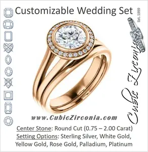 CZ Wedding Set, featuring The Blondie engagement ring (Customizable Bezel-set Cathedral-style Round Cut with Halo Style and V-Split Band)