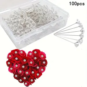 100pcs/box Crystal Stone Decorative Head Pin, Transparent Gemstone Shape Positioning Pin For DIY Valentine's Day, Wedding, Bouquet, Bridal Hair Accessories, Jewelry, Hand Sewing Supplies