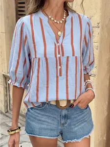 "Coastal Chic" Striped Blouse – Aesthetic Blue & Orange Linen-Blend Button Shirt, Trendy Mediterranean Style Casual Puff Sleeve Top for Vacation | Effortless Summer Basic