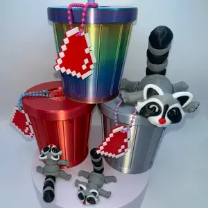 Raccoon Pocket Prts are Trash Panda Mama, 2 BABIES, 8-Bit Heart Keychain & Trash Can House - Valentine 3D Printed Fidget Gift Set mini desk figure desk buddy