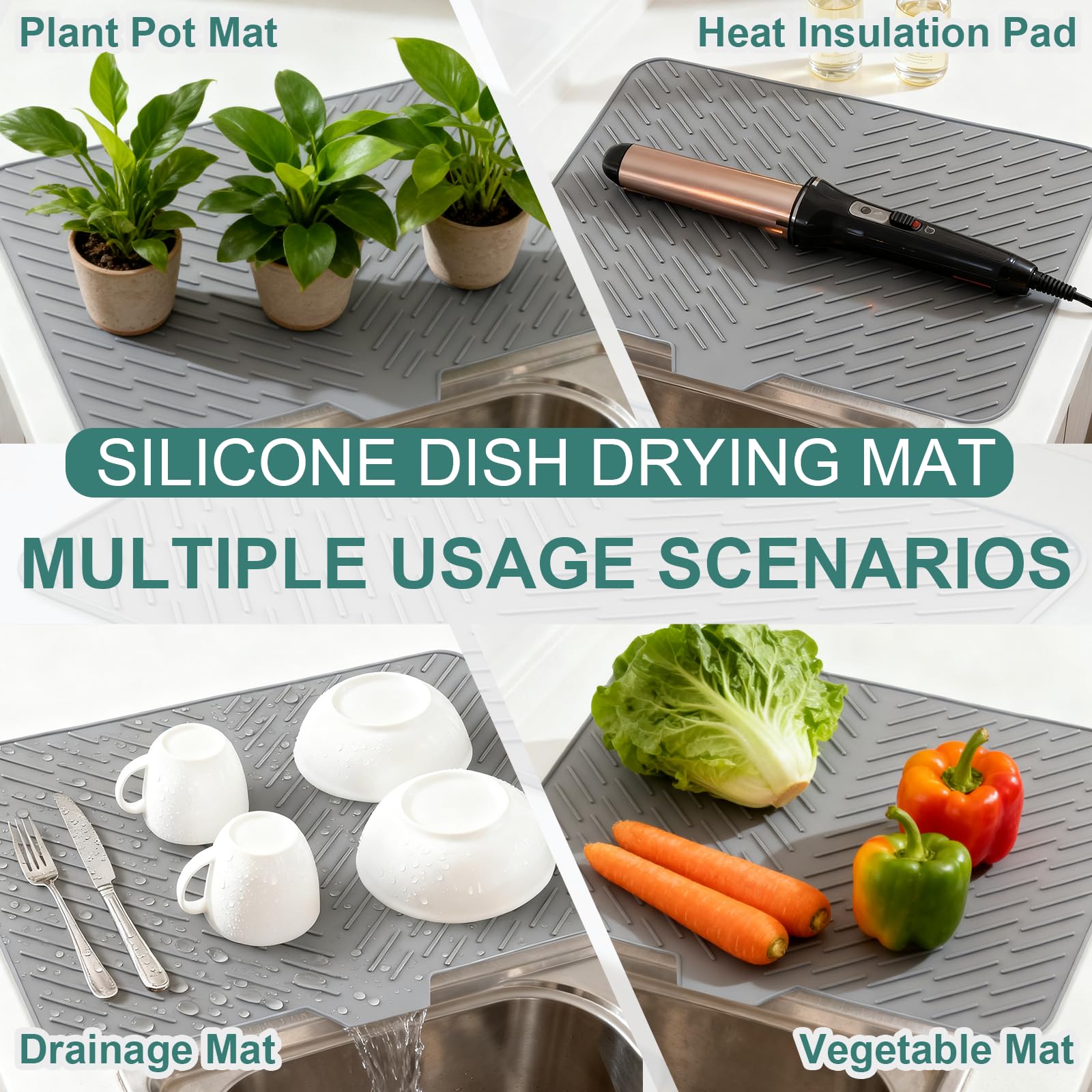 Rectangular Silicone Dish Drying Mat - 23x17in, Multi-Size, Self-Draining, Built-In Drain Lip, Heat-Resistant, BPA-Free, Durable, Waterproof, Non-Slip Kitchen Placemat That Efficiently Dries Dishes, Enhances Kitchen Functionality for Counters & Tableware