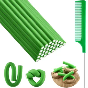 30 Pieces Flexible Curling Rods Twist Hair Rollers Soft Foam No Heat And 1 Steel Rat Tail Comb For Women Long Short Hair(7 X 0.47 Inch Green)
