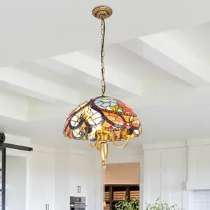 15.8 Inch Tiffany Style 3-Light Stained Glass Pendant Light, Floral Dragonfly Beaded Design, Antique Brass Frame, Pull Chain & Wall Control, E26 Warm Bulbs Included for Dining Room Kitchen Island