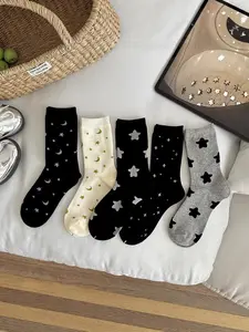 5 Pairs Spring Autumn Star Moon Wave Dot Women's Knee High Socks, Cute Sweet Pom-Pom Socks, Korean Style Trendy Long Socks