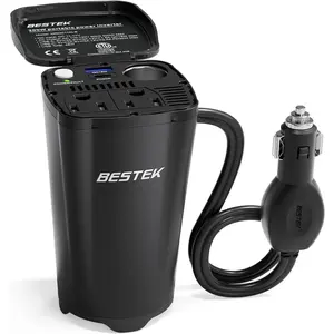 BESTEK 200W Car Power Inverter | 12V DC to 110V AC | 30W USB-C + 18W QC Fast Charging | Dual AC Outlets | Cup Holder Design | Tesla Compatible | Safe for Laptops, Cameras & Gaming Consoles