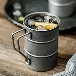 1pc Outdoor Camping Stainless Steel Cup, Portable Folding Handle Retro Beer Mug, Reusable Cups