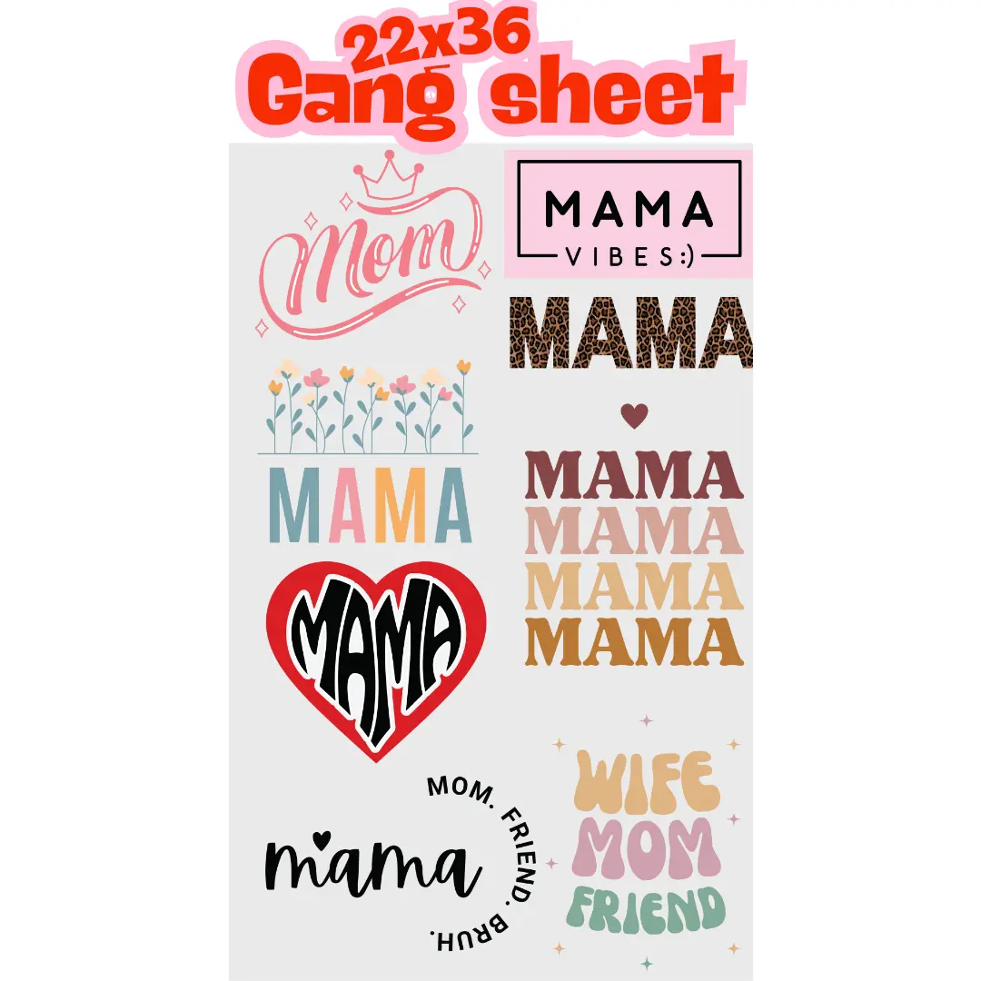 22"x36" MOM/MAMA DTF Gang Sheet – Ready to Press Motherhood Designs