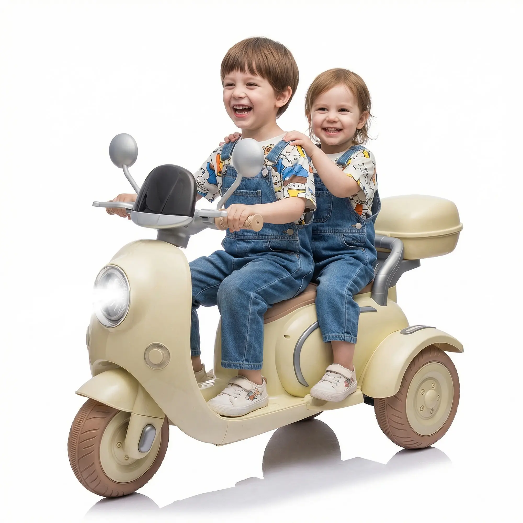 Electric Kids Motorcycle with Storage 12V 3-Wheel Ride On Scooter for Girls Ages 3-6 Twin Motor System Bluetooth 5.0 LED Headlights Trike Bike Toddler Tricycle, Yellow