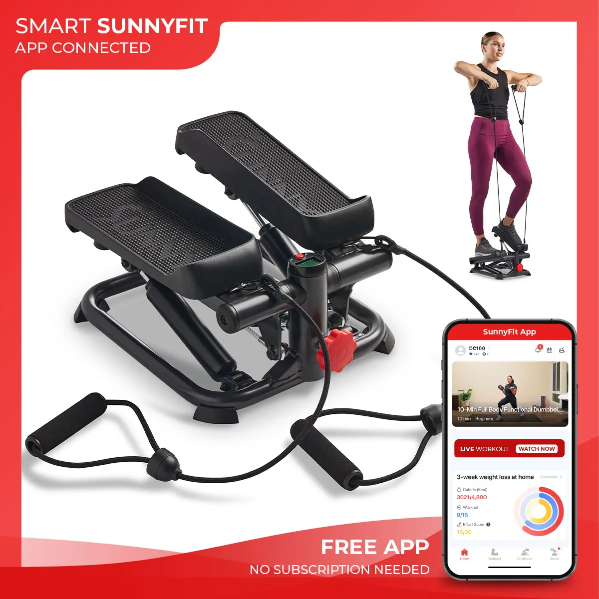 Sunny Health & Fitness Smart Mini Stepper with Resistance Bands, Total Full Body, Home Gym Workout Fitness, Adjustable Resistance & Height, Stabilizer for Balance, Performance Monitor, Compact Portable Home Cardio, Leg/Thigh/Glute Toner, 220 lbs Capacity Sunny Health & Fitness Smart Mini Stepper with Resistance Bands, Total Full Body, Home Gym Workout Fitness, Adjustable Resistance & Height, Stabilizer for Balance, Performance Monitor, Compact Portable Home Cardio, Leg/Thigh/Glute Toner, 220 lbs Capacity