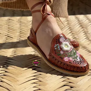 Irene 3D- Tan Embroidered Lace Up Huaraches Shoe Summer
