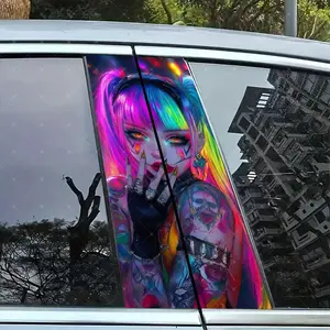2pc Colorful Girl Creative Vinyl Stickers, Car B Pillar Protection Decals, Easy Peel Off, Sunproof Waterproof Scratch Resistant, All Models