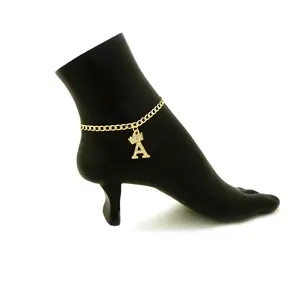 Gold Plated Initial Letters Alphabet Charm with 9", 10", 11", 12" Diamond Cut Cuban Chain Anklet for Women - Made in Korea