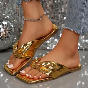 Women's Ruched Strap Flat Cozy Sandals Slip on Square Toe Flip Flops Sandals Summer Clip Toe Thong Sandals Beach Slippers Walking Shoes Footwear
