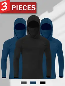 Men's 3-Pack Fitness Hoodie Set with Face Cover, Quick Dry Long Sleeve Workout Hooded Shirt, Athletic Sun Protection Top for Gym, Running, Training, Outdoor Sports, Athleisure Wear Set #tiktokmademebuyit