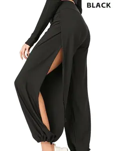High Slit Boho Harem Yoga Pants for Women - Flowy Trendy Comfortable All Seasons Soft Black Pants