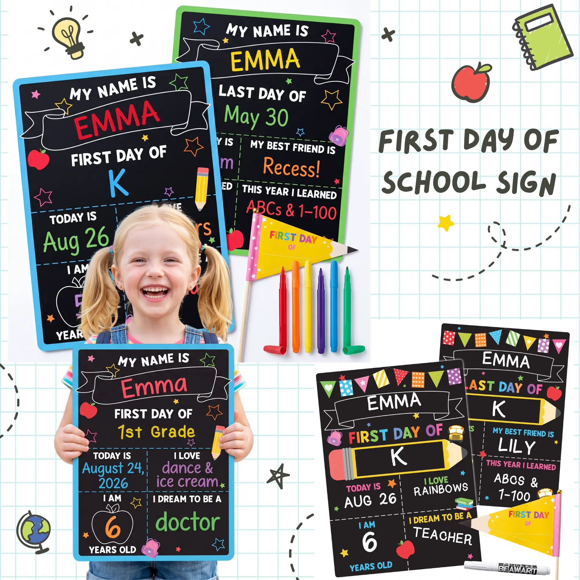 BEAWART First Day of School Black Sign Board, 10x14 Double-Sided First & Last Day Chalkboard Sign, Reusable Back to School Photo Prop For Preschool Kindergarten Kids, Includes Pencil Flag & White Chalk Marker