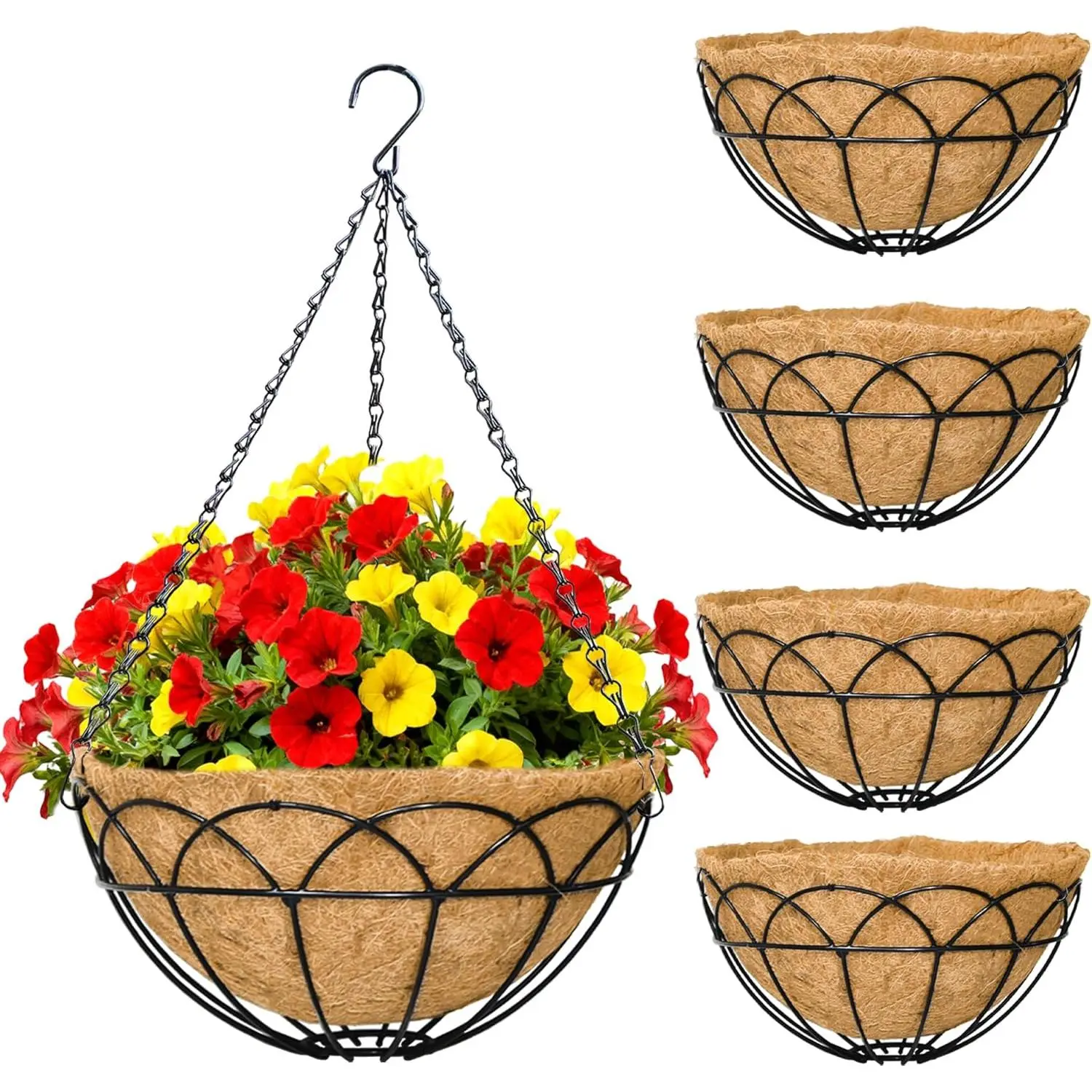 Outdoor & Indoor Hanging Planters – Round Metal Basket with Coco Liner, Chain-Hanging Flower Pots for Porch, Balcony, Garden, Patio Decor