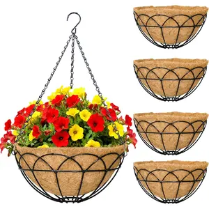 Outdoor & Indoor Hanging Planters – Round Metal Basket with Coco Liner, Chain-Hanging Flower Pots for Porch, Balcony, Garden, Patio Decor