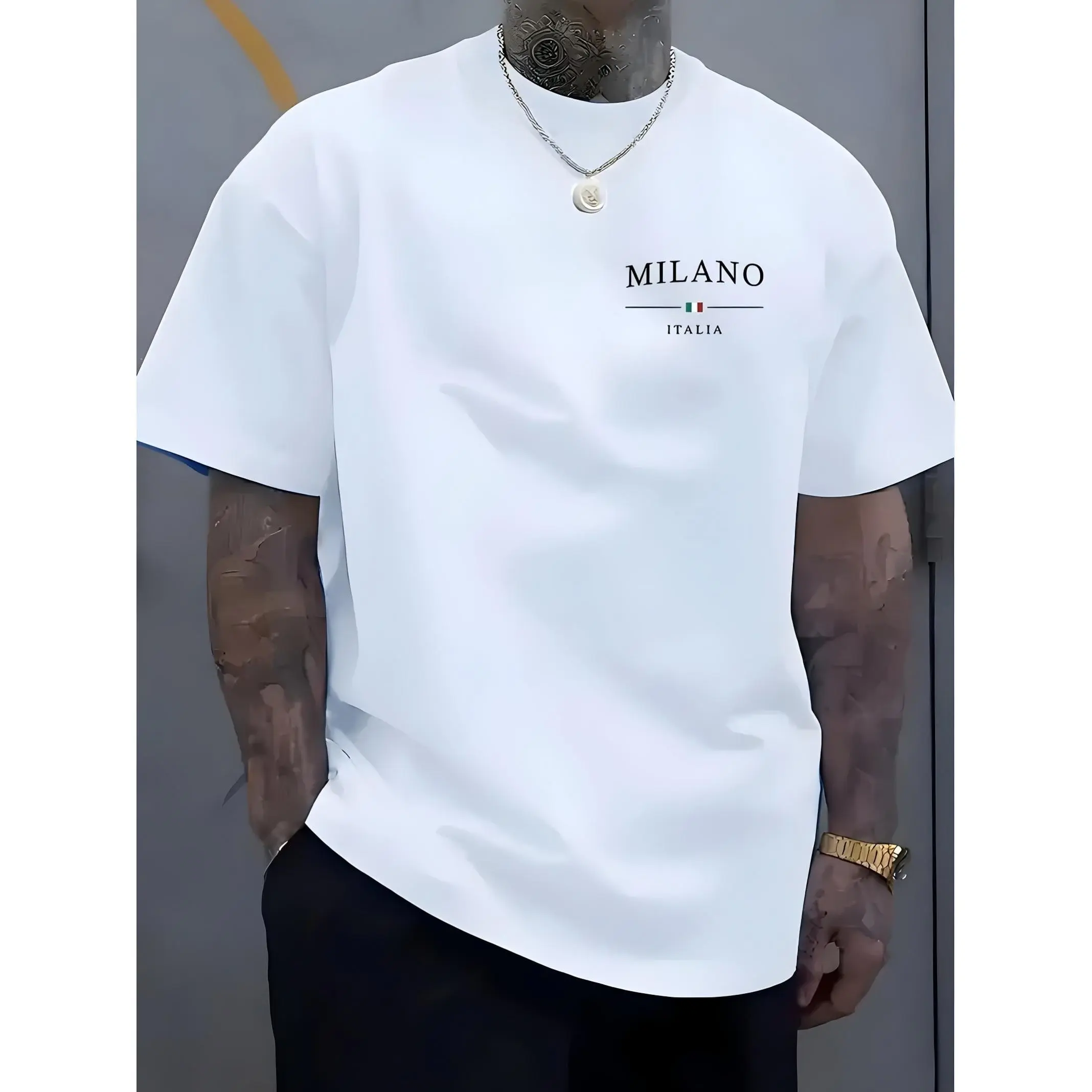 Mens Oversized Crew Neck Short Sleeve Tee Soft  Streetwear Boxy Fit White Milano Italia Chest Print Summer Casual Outfit Crewneck Menswear