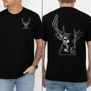 Deer Skull Hunting Tshirt - Monochrome Buck Head Graphic , Rustic Outdoor Scene , Bold Back Print , Perfect For Nature Lovers And Hunters-men's shirt