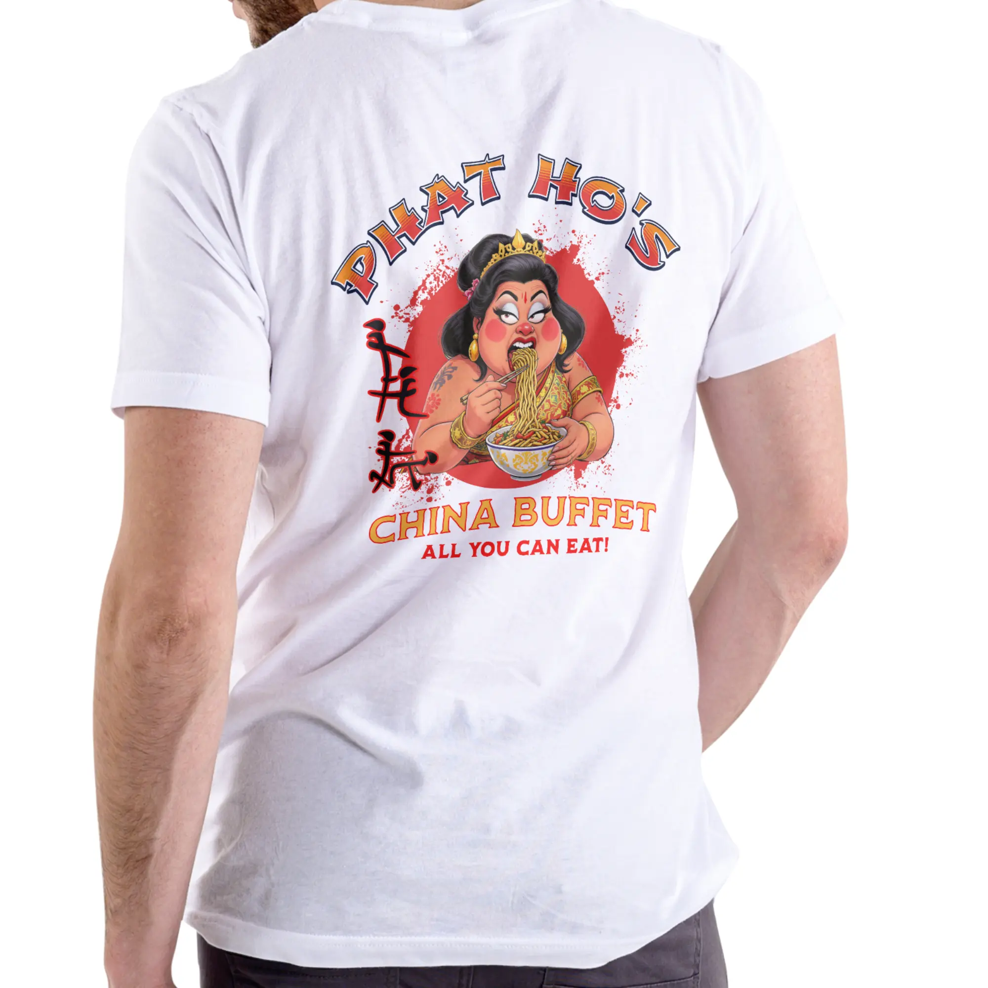 Stylish Graphic T-Shirt, Unisex Cotton Top with Phat Ho's China Buffet Print, Casual Short-Sleeve Menswear
