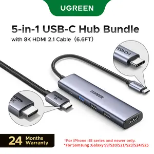UGREEN 5in1 USB C Hub Multiport Adapter Bundle with 8K HDMI 2.1 Cable 48Gbps 6.6FT,100W Power Delivery, 3 USB-A Data Ports, USB C Dongle for MacBook Pro/Air, iPad Pro, iMac, iPhone 15-17 series, XPS, Thinkpad,SummerVibes