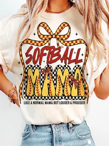 Softball Mom T-shirt| Playful Bow Design, Cheerleader Theme, Retro Game Day Look, Casual Style, Short Sleeve, Crew Neck, Print Pattern, Slight Stretch Fabric, Suitable for Spring/Summer/Fall