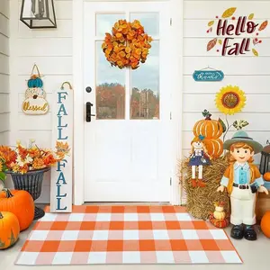 Buffalo Plaid Rug Orange White Check Rugs 2'x4'3" Hand-Woven Indoor or Outdoor Rugs for Layered Door Mats Washable Carpet for Front Porch/Kitchen/Farmhouse/Entryway