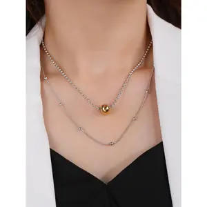 1 Pc Women's Fashion Ins Style Lucky Bead Charm Necklace Stainless Steel Multi Layered Bead Decor Chain Necklace