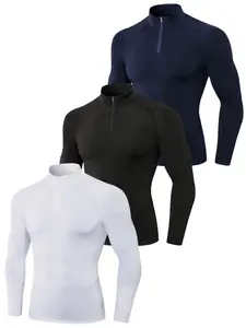 S-XXL 3 Pack Men's Quarter Zip Up Pullover Mock Neck Long Sleeve High Stretchy Breathable Quick Dry Slim Fit Tee Shirts Sports Active Athletic Casual Gym Workout Top Gym Sweatwear