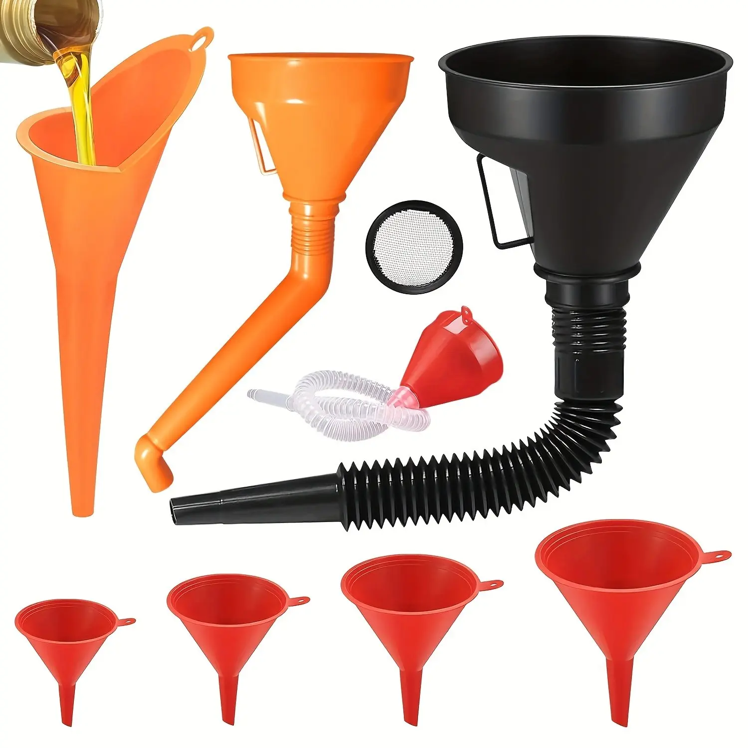 10pcs Automotive Funnel Set, Car Repair Tools, Automotive Maintenance Tools, Plastic Long Neck Oil Funnel Kit, Flexible Right Angle & Wide Mouth Fuel Funnel, Snap Funnel for Engine Oil Filling