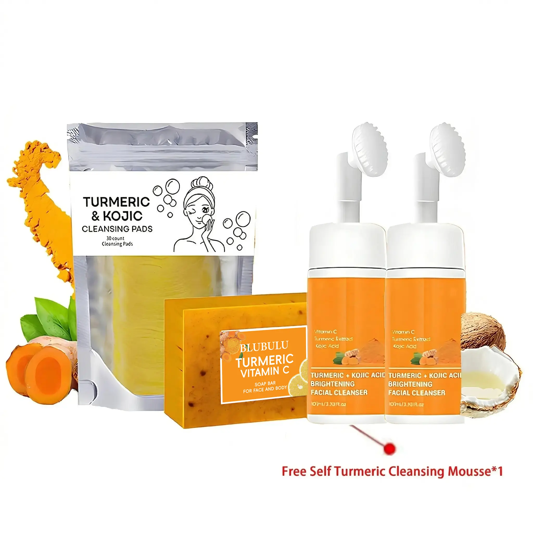 4 in 1: Turmeric Cleansing and Care 4-piece Set, including 2 turmeric cleansing mousses, turmeric slices, and turmeric soap,summervibes for facial cleansing and skin care.