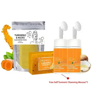 4 in 1: Turmeric Cleansing and Care 4-piece Set, including 2 turmeric cleansing mousses, turmeric slices, and turmeric soap,summervibes for facial cleansing and skin care.