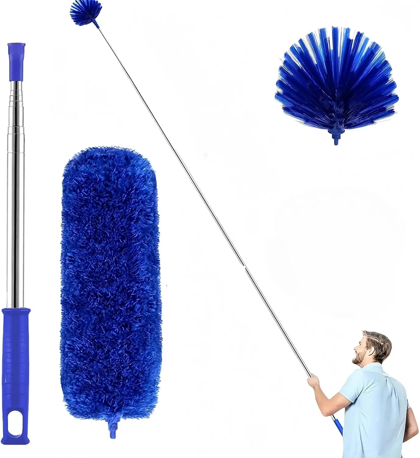 Aluminium Cobweb Duster Kit with 15-100 Inch Extension Pole Handle, 2PCS Spider Web Remover & Microfiber Duster Heads for Wall, Ceiling Fan Cleaning, Home Care Supplies, Microfiber Dusters/Duster Heads