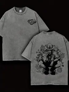 One Piece Portgas D. Ace Graphic T-Shirt, Vintage Washed Distressed Oversized Anime Tee, Retro Fire Fist Ace Pirate Streetwear Top for Men Women, Anime Lover & One Piece Fan Gift Shirt