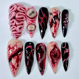 swish.nails Anatomy Horror Press-On Nails, 3D Brain & Eyeball Charms, Red & Black Bloody Effect, Gore-Inspired Nail Art, Handcrafted Extreme Halloween Vibes, Perfect for Cosplay, Custom Handmade for Unique Looks