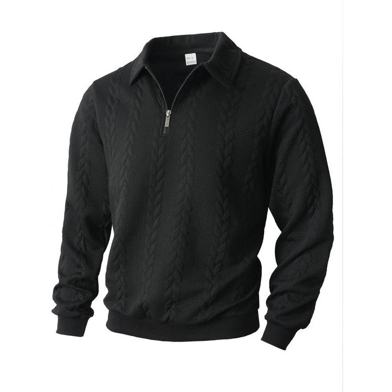 Men's Autumn Winter Cable Knit Long Sleeve Polo Shirt, Suitable for Everyday Wear, Vintage Ribbed Zip-Up High Collar with Quarter-Zip Design, Casual Versatile Fashion Pullover, A Must-Have for Men's Wardrobes