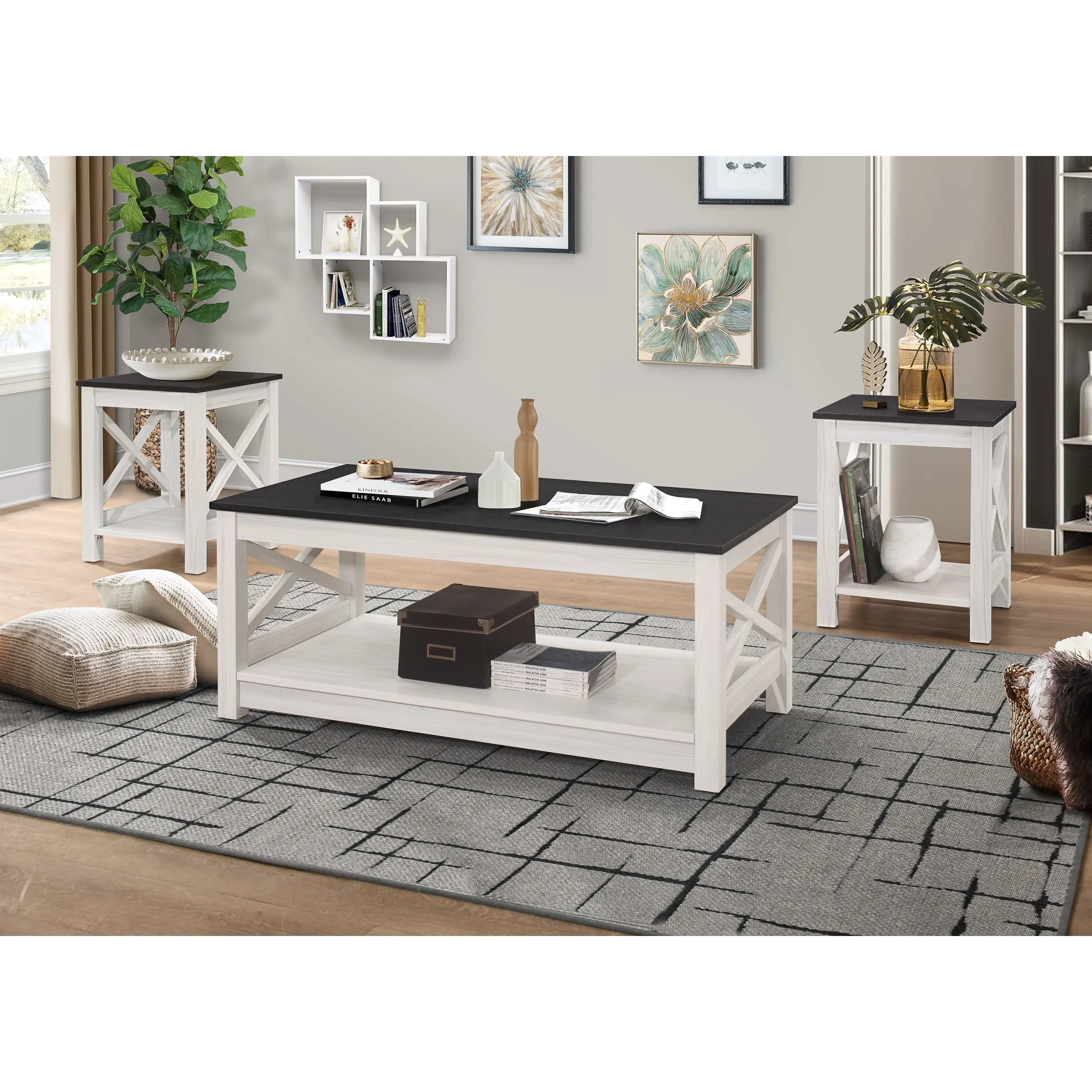 Favorer Wayne 2-Tone 3-Piece Rectangular Coffee Table Set, Antique-Inspired Dark Wood Indoor Furniture Table for Living Room Decor