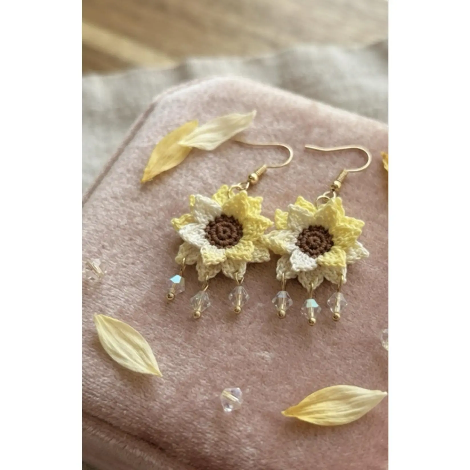 Micro Crochet Handcrafted Yellow Flower Earrings with Gems - Perfect for Any Occasion