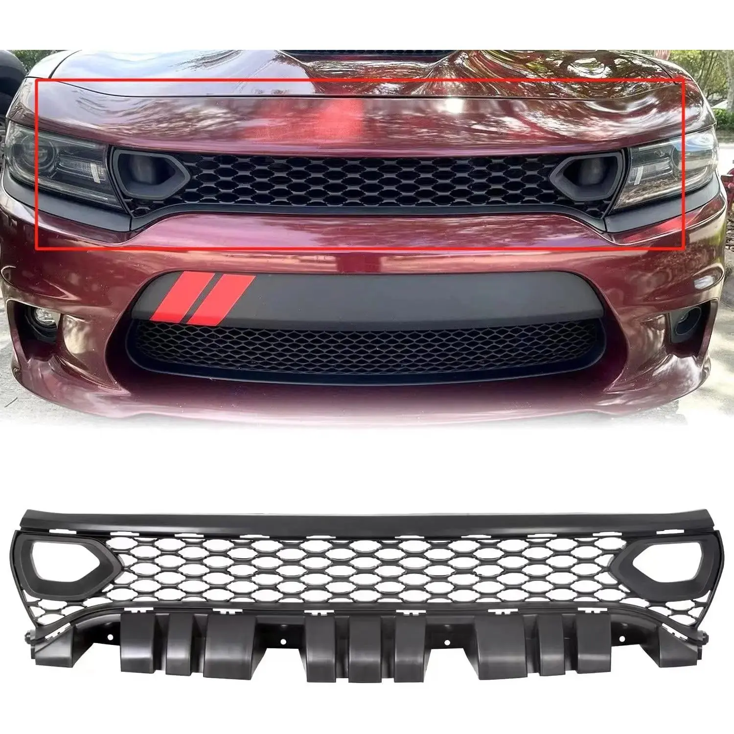 ECOTRIC Front Upper Mesh Grille Assembly Car Accessories - Vehicle-Specific Fit for 2015-2023 Dodge Charger SRT,SXT,Pursuit,R/T,SE,GT,Scat Pack,Daytona - Replacement for 68417502 AA with 2 Side Bezels Array