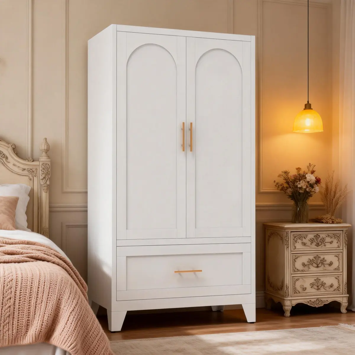 Vintage Arched Metal Wardrobe Cabinet - 60" Tall Freestanding Above-Ground Wardrobe Clothes with Built-In Rod, Drawer Compartment, 2 Doors & Adjustable Shelf, for Bedroom, Entryway Storage, Adjustable Wardrobes