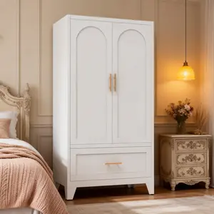 Arched Metal Wardrobe Cabinet, 60" Tall Freestanding Storage Closet with Hanging Rod & Drawer. 2 Doors Open to Adjustable Shelf. Works as Bedroom Wardrobe, Entryway Coat Closet, Laundry Room Storage, Foyer Organizer, Arched Design Adds Vintage Charm.