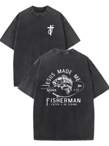 Women's Washed Cotton Crew Neck Shortsleeve T-Shirt - "Jesus Made Me A Fisherman Mark 1:17" Graphic, 1-Piece Casual Fit/Oversized Top summerwins,summerwins
