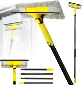Window Squeegee with Extension Pole – Professional 2 in 1 Window Cleaning Tool Kit with Scrubber for Indoor Outdoor High Windows