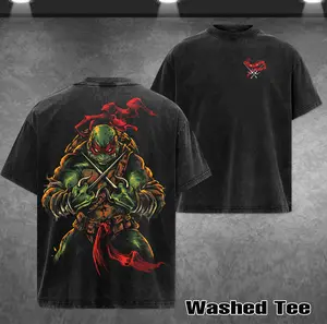 Retro  Raphael from Teenage Mutant Ninja Turtles T-shirt, Retro Anime Double Printed Vintage Washed Tee Unisex Oversize Heavyweight Cotton T-shirt for Anime Fans and Lovers Oversized